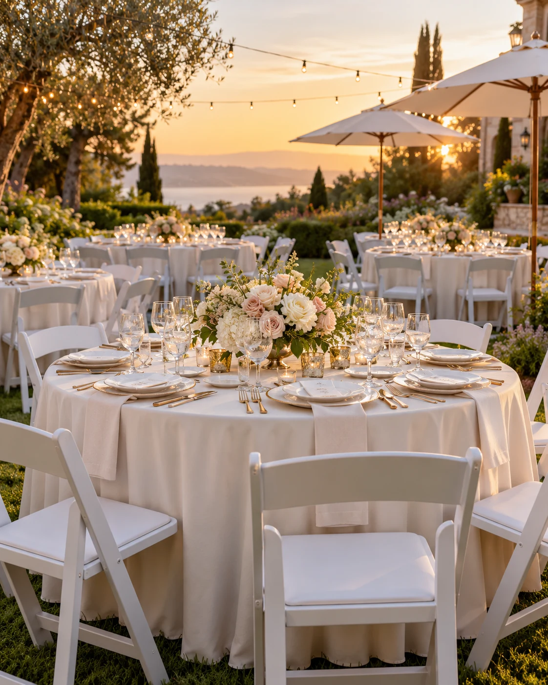 Garden reception with white chairs, ivory linens and floral table settings